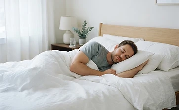 Man sleeping peacefully in a calm minimalist bedroom