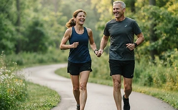 Healthy active couple jogging outdoors representing longevity research