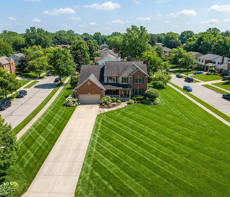 Beautifully manicured green lawn with mowing stripes