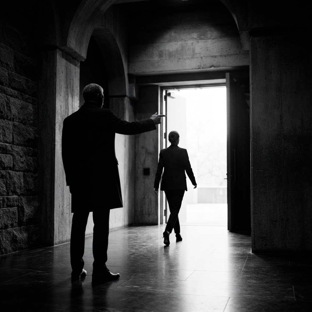 A mentor figure gesturing toward an open doorway of light