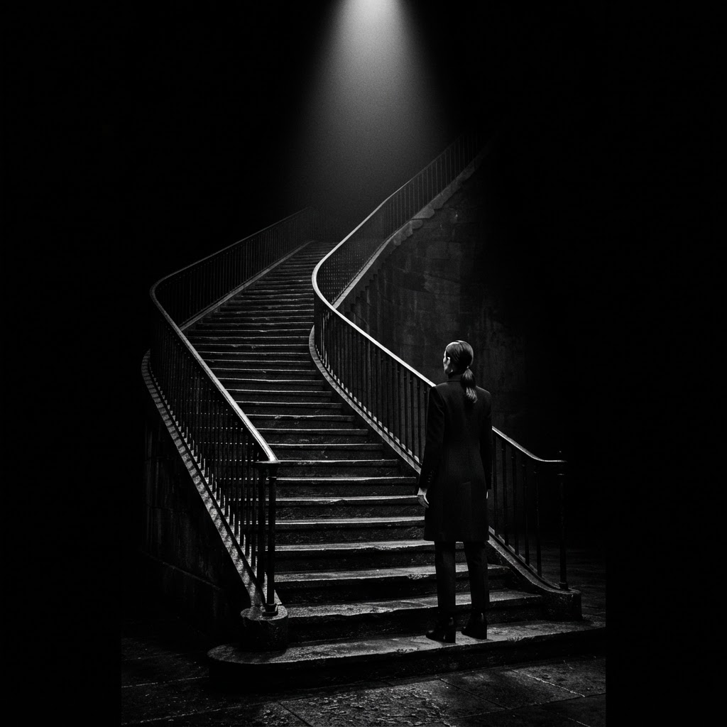 A lone figure at the base of a massive dark staircase disappearing into shadow, symbolizing the long climb of consistent execution.