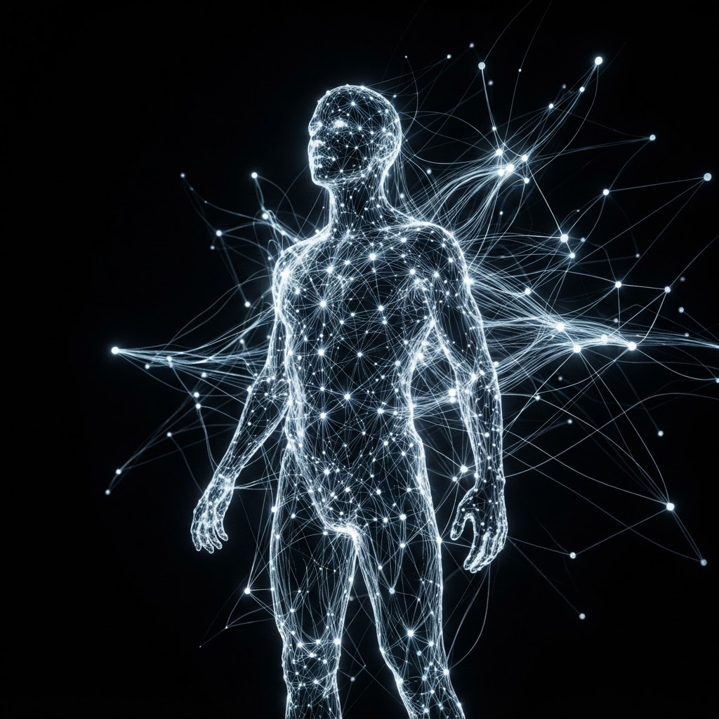 A human silhouette made of glowing network nodes, symbolizing AI-powered distributors.