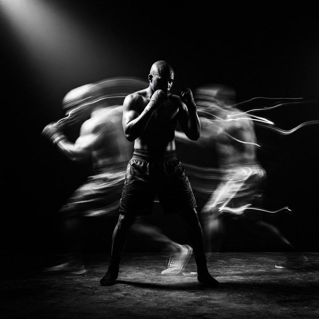 A silhouette standing firm and unmoved while streaks of light and motion pass around them, symbolizing being hard to knock out.