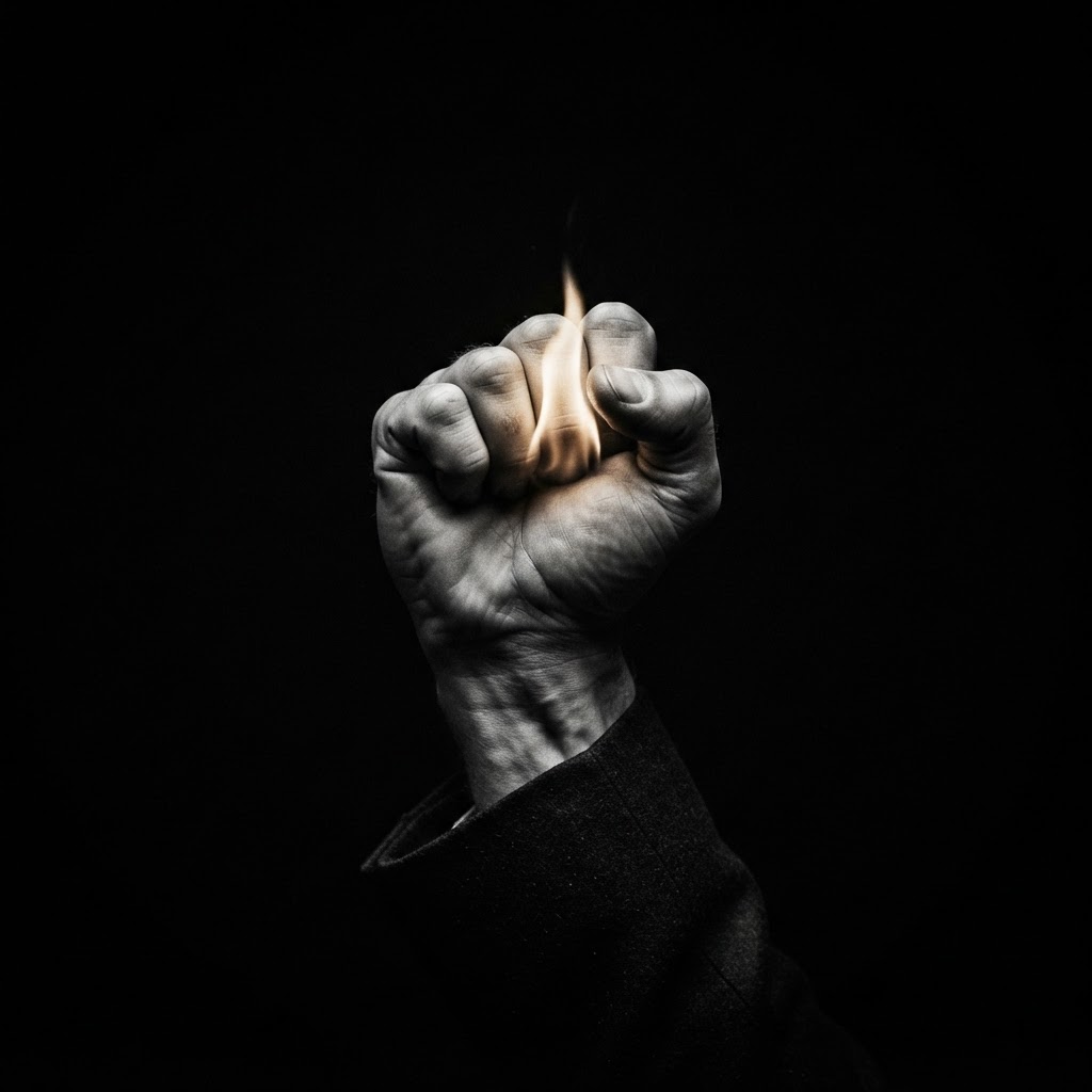A clenched fist in darkness holding a small flame, symbolizing discipline and resilience.