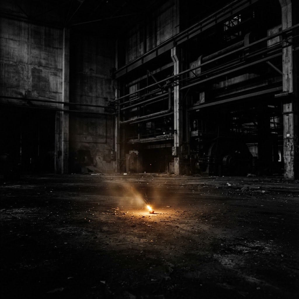 A single glowing ember in a vast dark industrial space