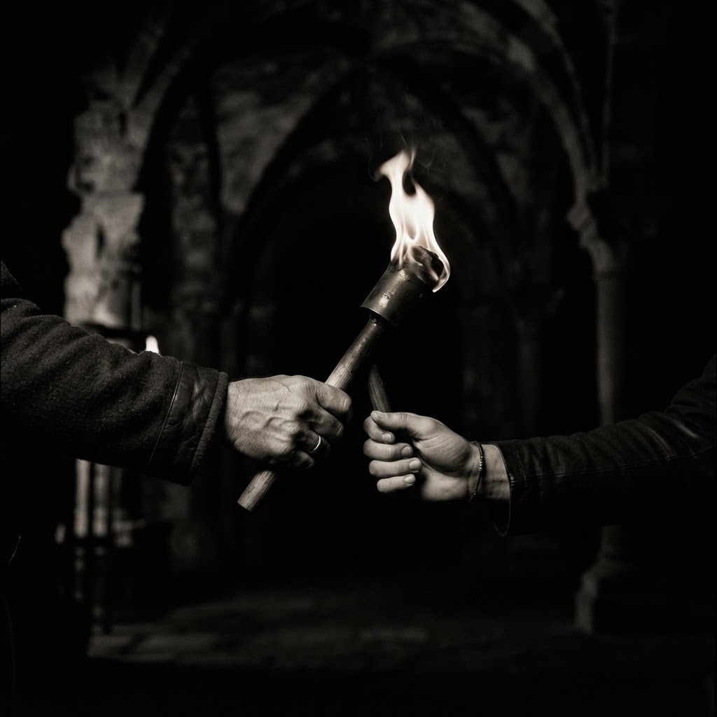 Two hands exchanging a lit torch in a dark architectural space