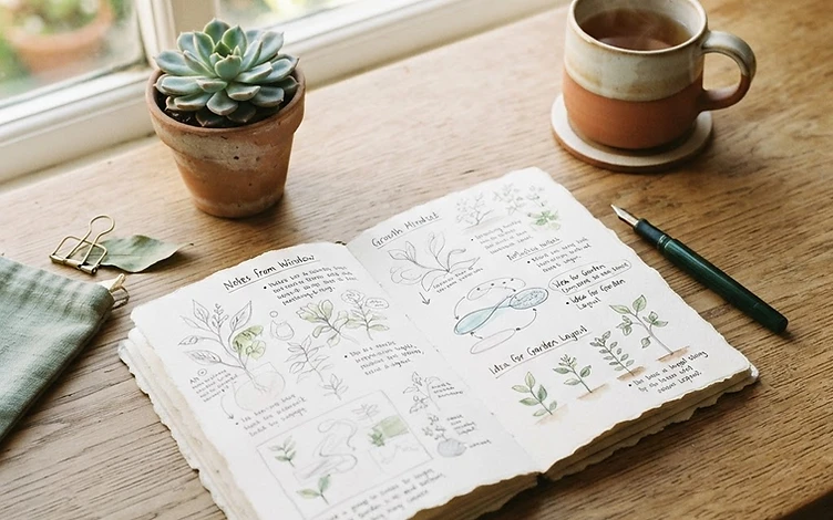Espace de réflexion chaleureux et ouvert, carnet de notes et lumière naturelle
