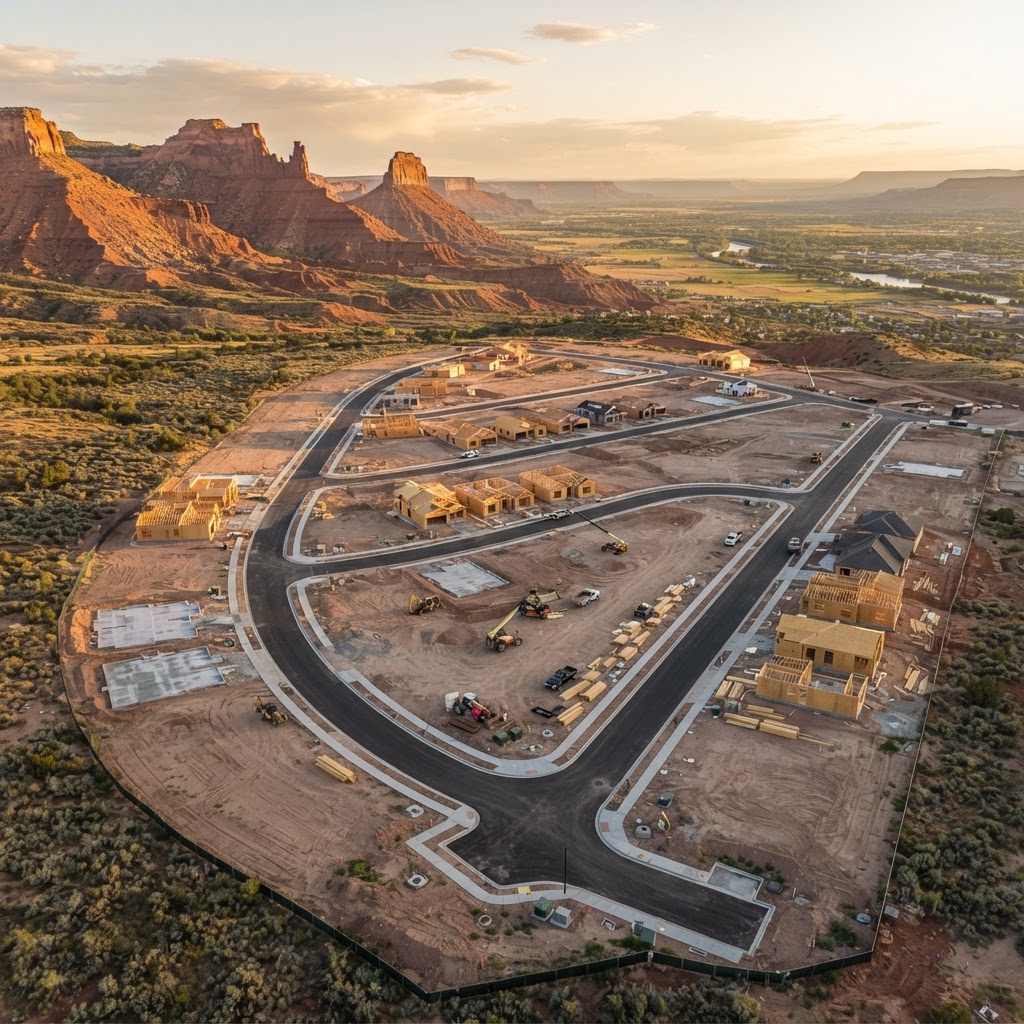 Aerial view of a Mag 7 community under development at golden hour