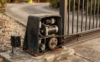 Editorial illustration: Residential sliding gate operator on a concrete pad with the cover open, chain drive and safety photo-eye sensor visible