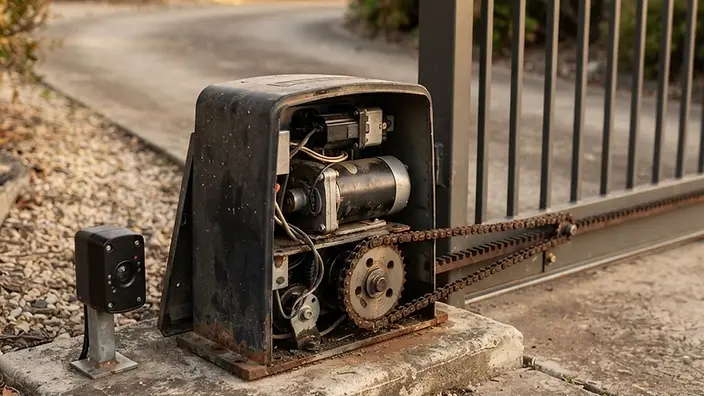 Editorial illustration: Residential sliding gate operator on a concrete pad with the cover open, chain drive and safety photo-eye sensor visible