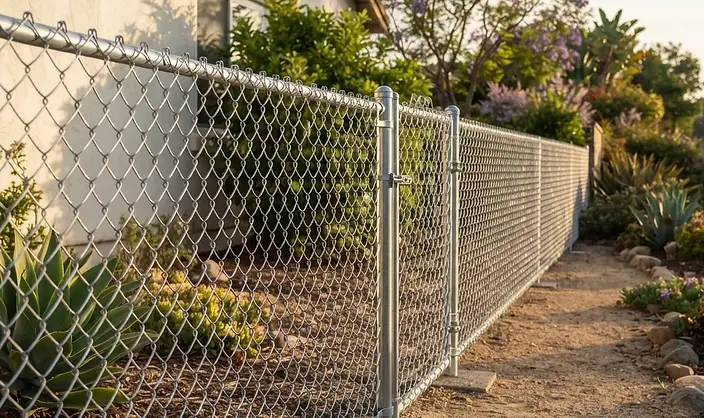 Reference image of a galvanized chain link fence along a residential side yard, with diamond mesh, top rail, line posts and a pedestrian gate