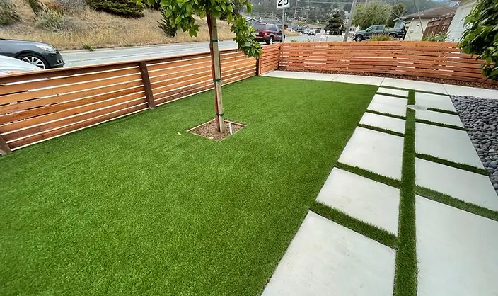 Artificial turf front lawn with a shade tree, cedar horizontal fence and concrete paver walkway with turf joints