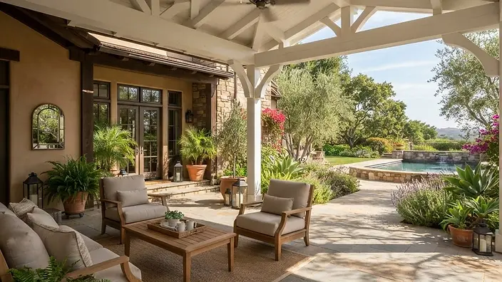 Editorial illustration: Attached solid-roof patio cover with white painted beams over a paver patio behind a California ranch home