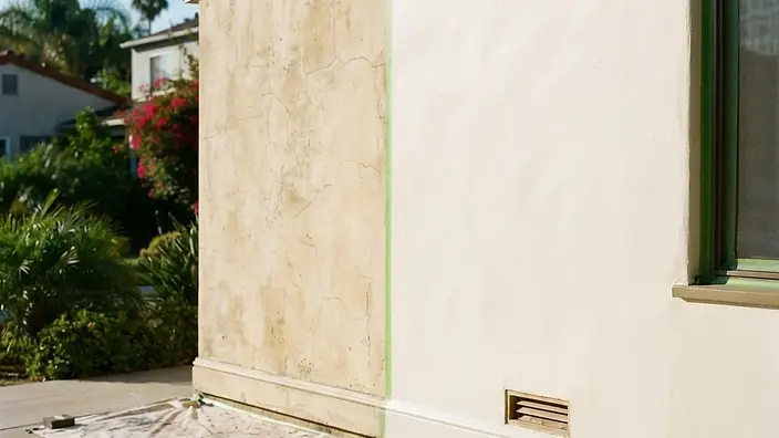 Editorial illustration: Stucco wall mid-repaint, half freshly coated and half faded and hairline-cracked, with masking and drop cloths