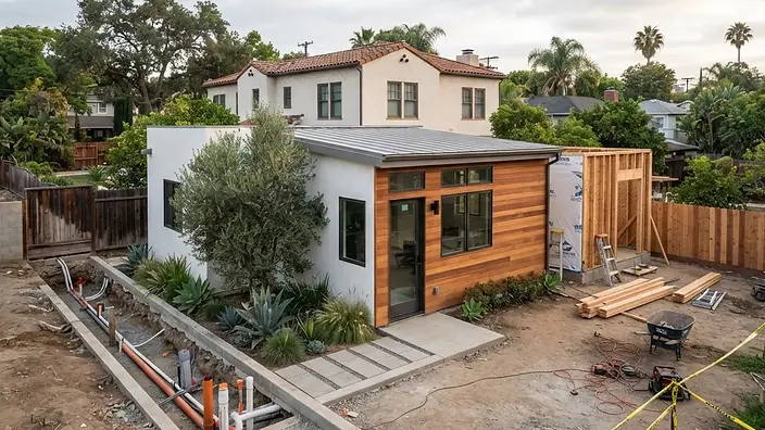 Editorial illustration: Detached modern ADU under construction in a Los Angeles backyard with an open utility trench alongside