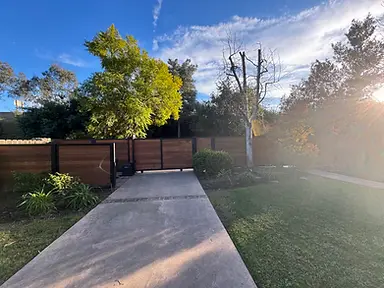 Freshly stained cedar horizontal privacy fence with black steel posts and an automated sliding gate along a concrete driveway.
