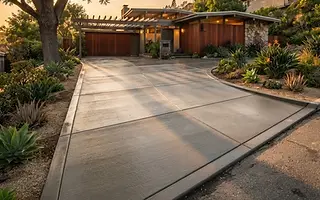 Editorial illustration: Newly finished broom-textured concrete driveway with clean control joints in low evening light