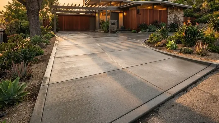 Editorial illustration: Newly finished broom-textured concrete driveway with clean control joints in low evening light