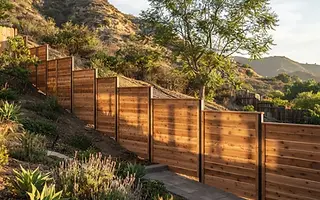 Editorial illustration: Horizontal cedar fence running along a sloping Los Angeles backyard property line in late afternoon light