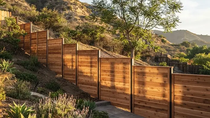 Editorial illustration: Horizontal cedar fence running along a sloping Los Angeles backyard property line in late afternoon light
