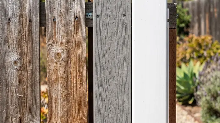 Editorial illustration: Weathered redwood, gray composite and white vinyl fence panels side by side under direct California sun