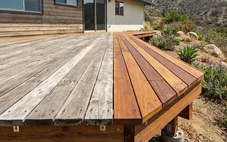 Editorial illustration: Wood deck behind a California ranch home, half sun-faded gray and half freshly refinished, with joist framing visible at the edge