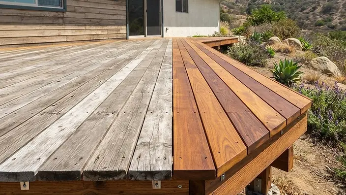 Editorial illustration: Wood deck behind a California ranch home, half sun-faded gray and half freshly refinished, with joist framing visible at the edge