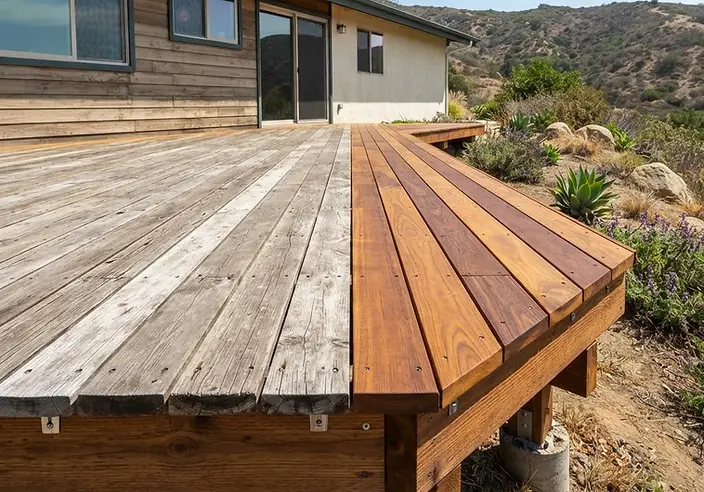Editorial illustration: Wood deck behind a California ranch home, half sun-faded gray and half freshly refinished, with joist framing visible at the edge