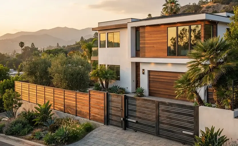 Completed Fency Builders exterior — slat wood fence, steel driveway gate and paver drive on a Los Angeles hillside property at golden hour
