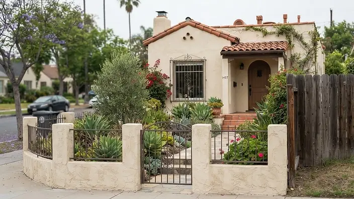 Editorial illustration: Low front-yard fence at the sidewalk of a Spanish-style Los Angeles bungalow with a taller side-yard fence behind the gate