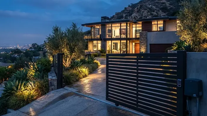 Editorial illustration: Automatic sliding aluminum driveway gate partially open across a sloped driveway at dusk with landscape lighting