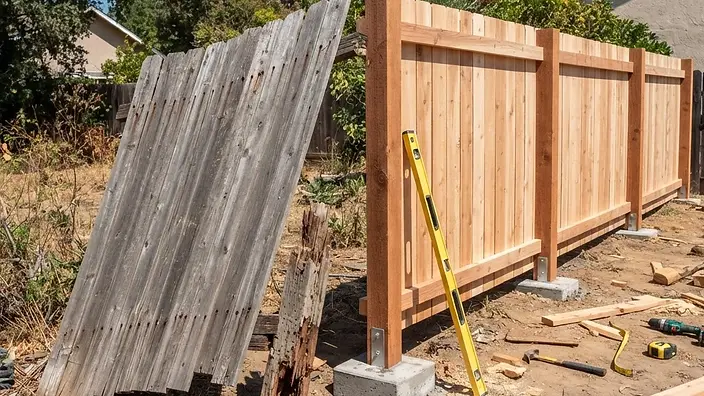 Editorial illustration: Leaning fence section with a rotted post beside a rebuilt section with new posts set in concrete footings