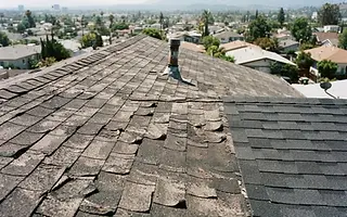 Editorial illustration: Sun-bleached curling asphalt shingles next to a freshly replaced section of new shingles on a Los Angeles roof