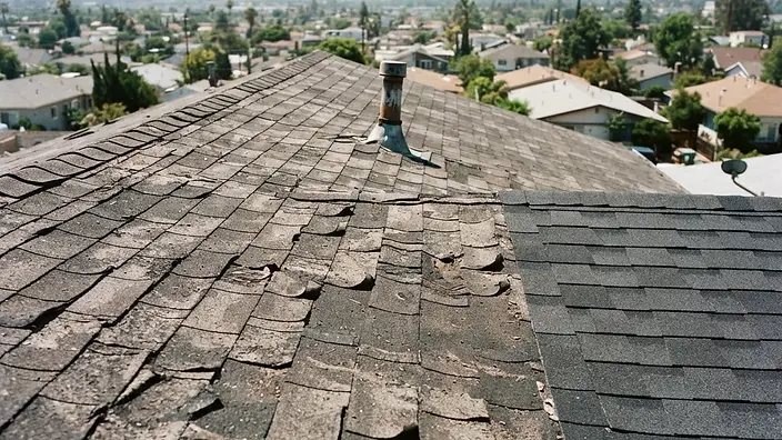 Editorial illustration: Sun-bleached curling asphalt shingles next to a freshly replaced section of new shingles on a Los Angeles roof