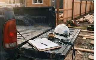 Editorial illustration: Contract, tape measure and hard hat on a work truck tailgate at a residential job site in morning light