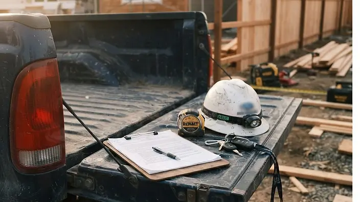 Editorial illustration: Contract, tape measure and hard hat on a work truck tailgate at a residential job site in morning light