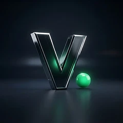 Velra V. logo rendered in 3D glass and emerald