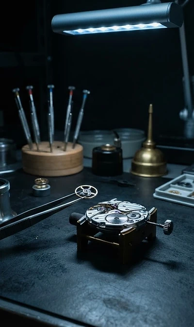 Modern watchmaking laboratory bench with movement parts and precision instruments
