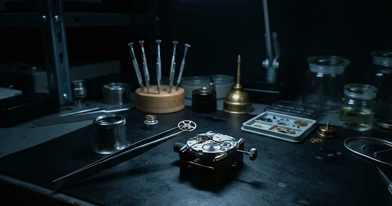 Watchmaking atelier bench with precision instruments and movement parts