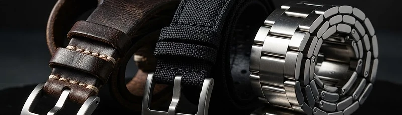 Premium watch straps — leather, sailcloth, and steel bracelet on light surface