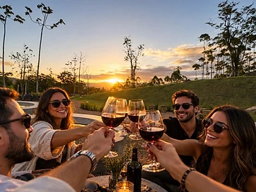 Brinde com taças de vinho ao redor da mesa de fogo ao pôr do sol no parque