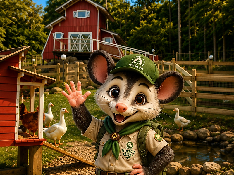 Gam, o gambá mascote do Parque Floresta Alta, acenando na Fazendinha