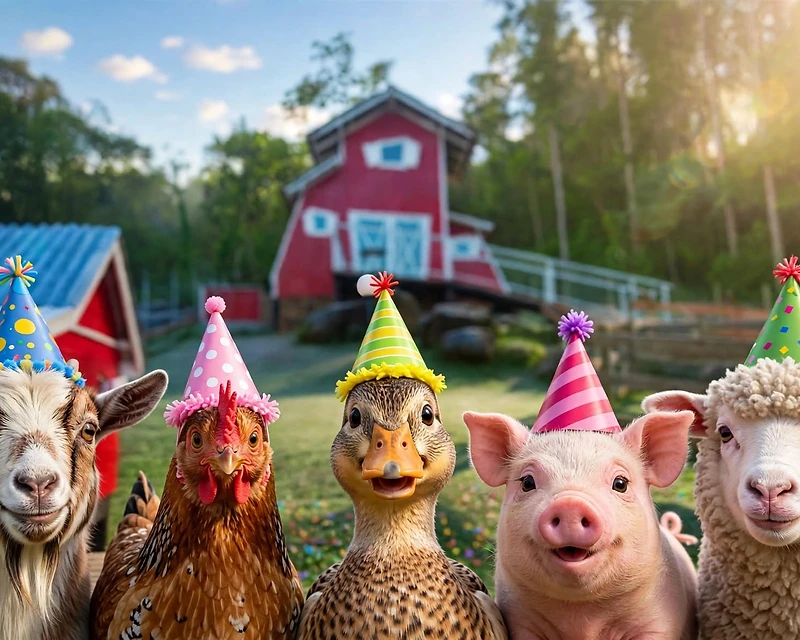 Animais da Fazendinha usando chapéus de festa diante do celeiro