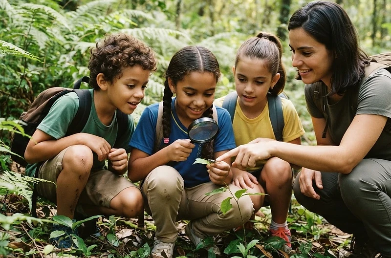 Crianças explorando a natureza no Parque Floresta Alta