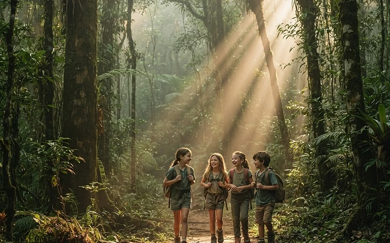 Crianças caminhando na floresta do Parque Floresta Alta