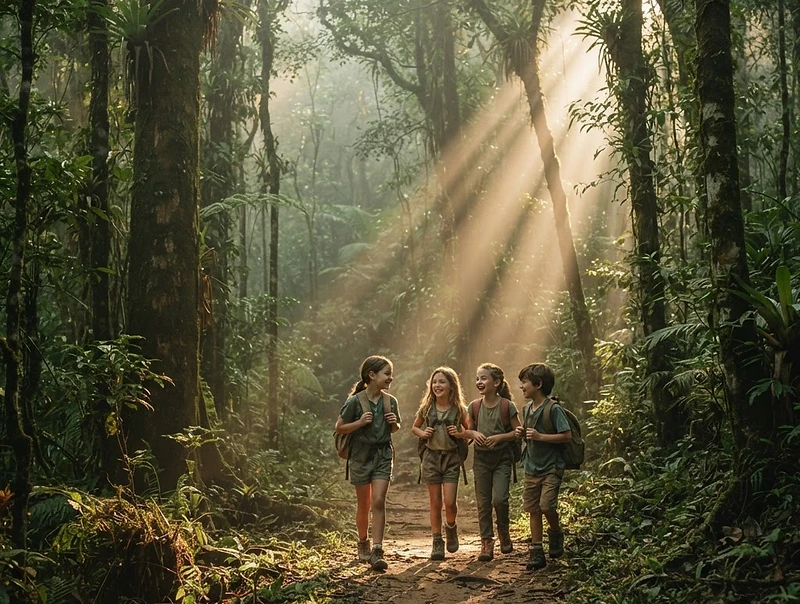 Crianças caminhando em uma trilha no meio da floresta do Parque Floresta Alta