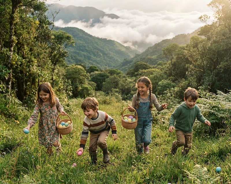 Crianças caçando ovos de Páscoa na floresta do Parque Floresta Alta