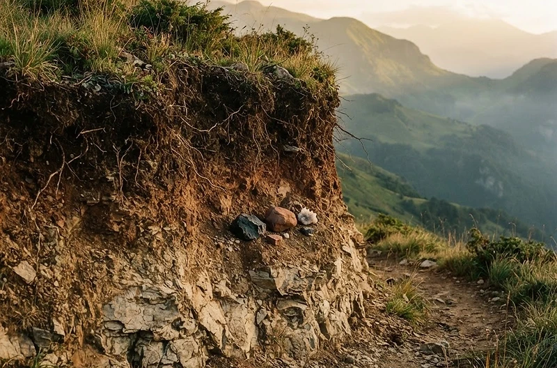 Corte do solo com camadas, rochas e montanhas ao fundo na hora dourada