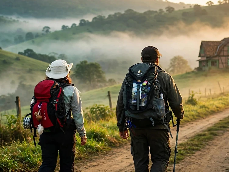 Caminhantes de mochila seguindo por estrada de terra ao amanhecer
