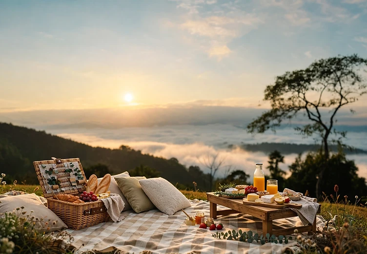 Cesta de piquenique ao amanhecer na Floresta Alta